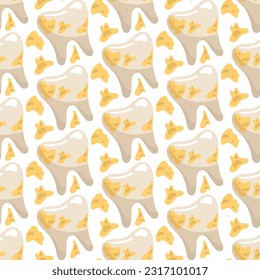 A pattern of simple teeth with a touch. Dental treatment. The theme is teeth with a touch. Cartoon vector illustration. White background for printing on fabric and wrapping paper. Seamless pattern