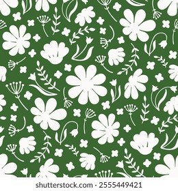 Pattern with simplified floral and leafy silhouettes in white on a green background. Perfect for use in home decor, textiles, or stationery design.