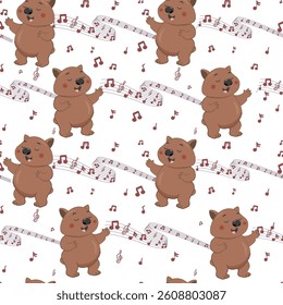 Сhildish pattern with singing song wombat. Animal seamless print, vector texture for kids birthday, fabric, wallpaper, wrapping paper, textile, t-shirt print
