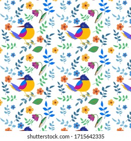 Pattern of a single bird and colorful leaves and flowers for children's clothing