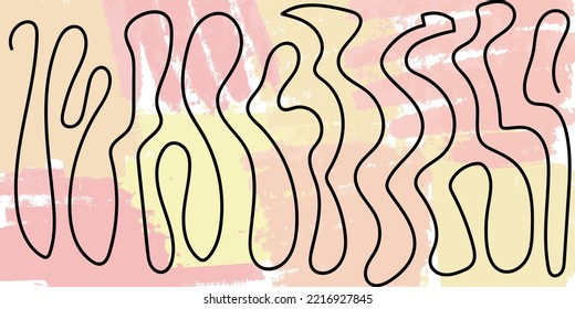 A pattern of sinuous lines drawn by hand against a background of multicolored pink nd yellow paint spots. Vector image.