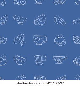 Pattern of sixteen cups, drawn by a white outline, on a blue background.