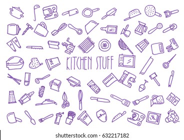 Pattern of sixty nine kitchen stuff hand drawn blue icons drawn with a felt-tip pen