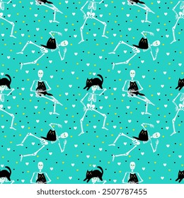 pattern with skeleton and cats