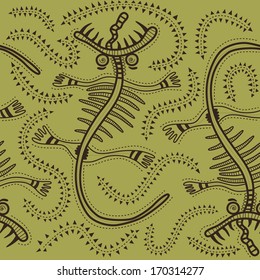 Pattern skeleton lizards with plants on green background