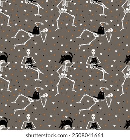 Pattern with skeletons and black cats