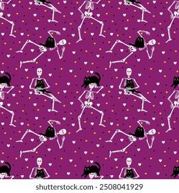 Pattern with skeletons and black cats on a purple background