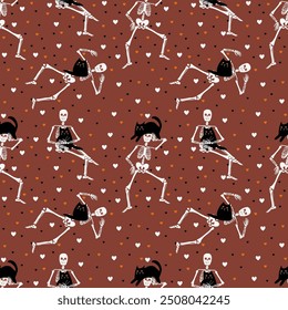 Pattern with skeletons and black cats on a brown background