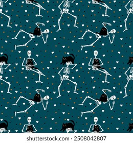 Pattern with skeletons and black cats on a blue background