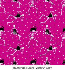 Pattern with skeletons and black cats on a pink background