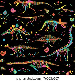 Pattern of Skeletons of dinosaurs and fossils. Vector illustration.