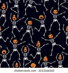 Pattern with skeletons and pumpkin head. Halloween pattern with skeletons on a black background.