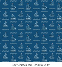 Pattern in sket style on a light background. Seamless pattern with sailboats and waves 