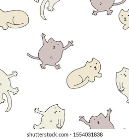 Pattern of sketch cats. Contour illustration. Funny cats in cartoon style . Vector illustration. on white background. Seamless texture.