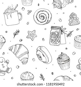 Pattern sketch Christmas sweets. Baking drawn line is not white. Sketch of food. Mug with cocoa, muffin, ginger biscuits, a can of lollipops. Sweets, Christmas treats.