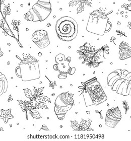 Pattern sketch Christmas sweets. Baking drawn line is not white. Sketch of food. Mug with cocoa, muffin, ginger biscuits, a can of lollipops. Sweets, Christmas treats.