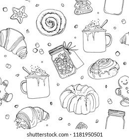 Pattern sketch Christmas sweets. Baking drawn line is not white. Sketch of food. Mug with cocoa, muffin, ginger biscuits, a can of lollipops. Sweets, Christmas treats.