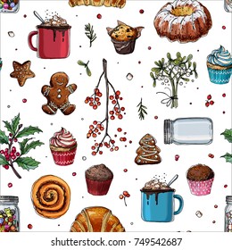 Pattern sketch Christmas sweets. Baking drawn line is not white. Color sketch of food. Mug with cocoa, muffin, ginger biscuits, a can of lollipops. Sweets, Christmas treats.