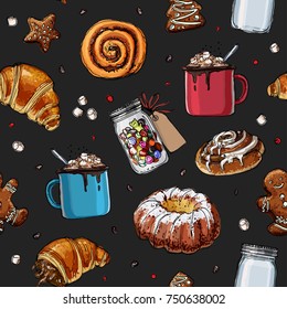 Pattern sketch Christmas sweets. Baking drawn line. Color sketch of food. Mug with cocoa, muffin, ginger biscuits, a can of lollipops. Sweets, Christmas treats.