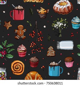 Pattern sketch Christmas sweets. Baking drawn line. Color sketch of food. Mug with cocoa, muffin, ginger biscuits, a can of lollipops. Sweets, Christmas treats.