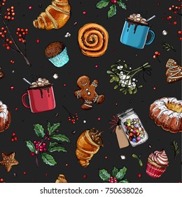 Pattern sketch Christmas sweets. Baking drawn line. Color sketch of food. Mug with cocoa, muffin, ginger biscuits, a can of lollipops. Sweets, Christmas treats.