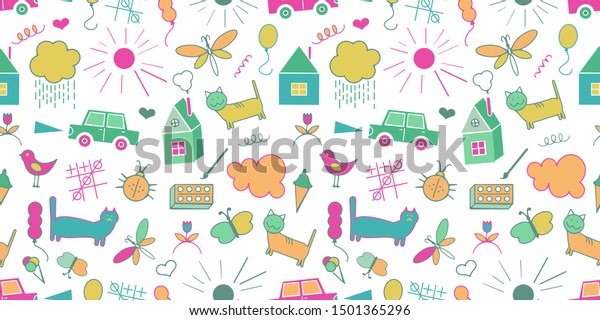 Pattern, sketch, drawings, children s\
drawings, cat, flowers, snail, house butterfly car triangle grunge\
frame Vector\
illustration