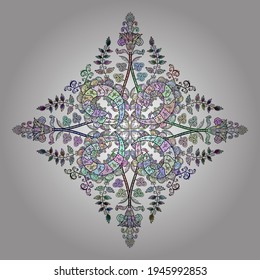 Pattern, sketch, floral border. Garland of flowers. Curls, shiny tracery weave. Vector illustration. Vintage old background. Beautiful bright rough cloth, canvas.