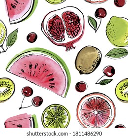 Pattern sketch food watercolor ink. Fruit on a white background. Pomegranate, grapefruit, kiwi, watermelon, lime