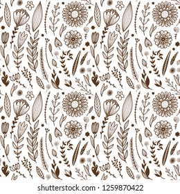 Pattern of the sketches of flowers, brunches and leaves. Border from field flowers. Natural background for inscriptions, postcards, invitations