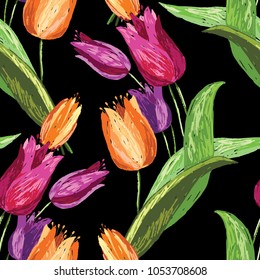 pattern of the sketches of garden tulips
