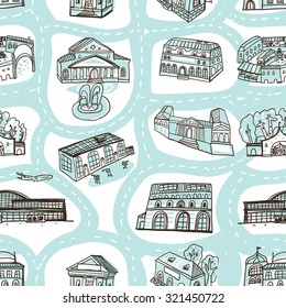 The pattern of the sketches of houses, streets, airports, shops, museums, theater in cartoon style