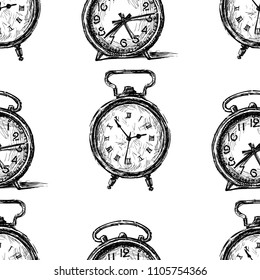 Pattern of the sketches of old alarm clocks 