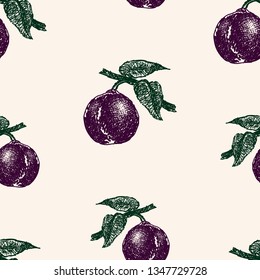 Pattern of sketches of ripe plums on branches