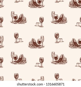 Pattern of sketches of wine glasses with cheese and grape