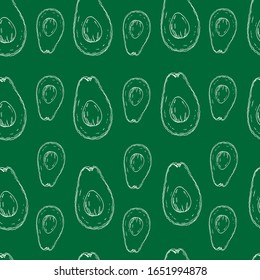 Pattern of sketching avocados on a green background. Suitable for designing menus, healthy food, prints on clothes and stationery.