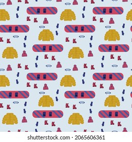 A pattern with skiing and clothes in color. Winter sports for the cold winter. Snowboard, Hat, accessories for textile sports. Vector illustration