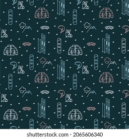 Pattern with skiing and clothing. Winter sports in the mountains, clothes for the cold winter. A substrate of pictograms for textiles. Vector illustration