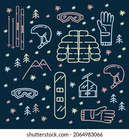 Pattern skiing in winter. The pattern in the circle of winter sports. Linear pictograms of skis, snowboards in color on dark. Gloves, snow, mountains background for postcards. Vector illustration