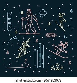 Pattern with skiing. Winter mountain sports. Color cold background with people on skis and clothes. Vector illustration