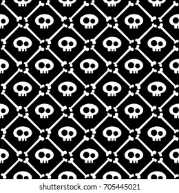 Pattern with skull and bones. White and black colors.  Vector, flat, illustration
