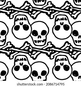 a pattern of skull and crossbones. seamless pattern of a hand-drawn human skull with crossbones, black outline arranged in horizontal stripes on white for a design template