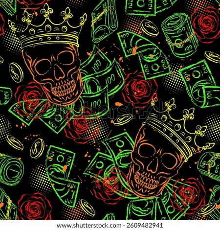 Pattern with skull in crown, cash money, scattered coins, 100 dollar notes, roses. Glowing neon colors. Outline contour illustration. Virtual surreal background in grunge style