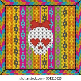 Pattern with skull and ethnic mexican elements. Day of the dead, a traditional holiday in Mexico. For postcard or celebration design. Traditional Latin American patterns and ornaments, colorful