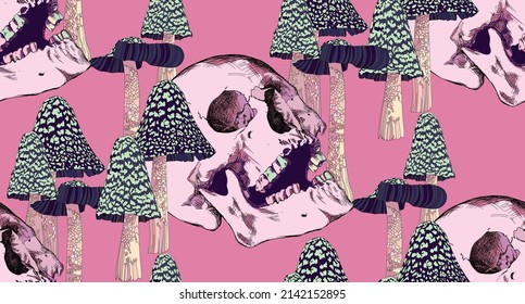 Pattern skull and fly agaric mushrooms in vintage style 70s