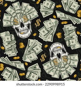 Pattern with skull, money, 100 dollar bills, gold coins, dollar sign. Skull with fan of bills over the eyes. Concept of the supremacy of money. For clothing, apparel, T-shirts, surface decoration