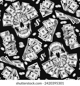 Pattern with skull, money, 100 dollar bills, coins, dollar sign. Skull with fan of bills over the eyes. Concept of the supremacy of money. For clothing, apparel, T-shirts, surface decoration