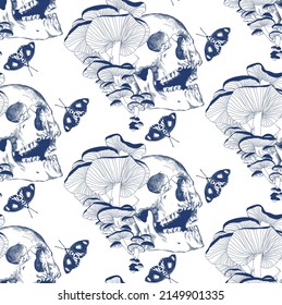 Pattern skull mushrooms and butterflies in vintage style, blue on white