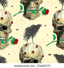 Pattern Skull, Rose and Bird