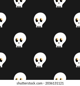 The pattern of the skull. Skulls on a black background. Cartoon seamless pattern. Endless texture. Bright and fashionable design for Halloween