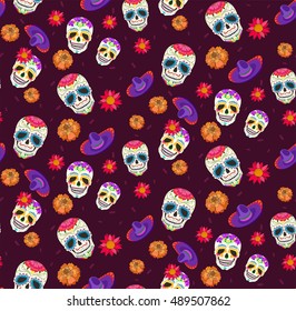Pattern with skull, sombrero and flower - symbols of the day of the dead